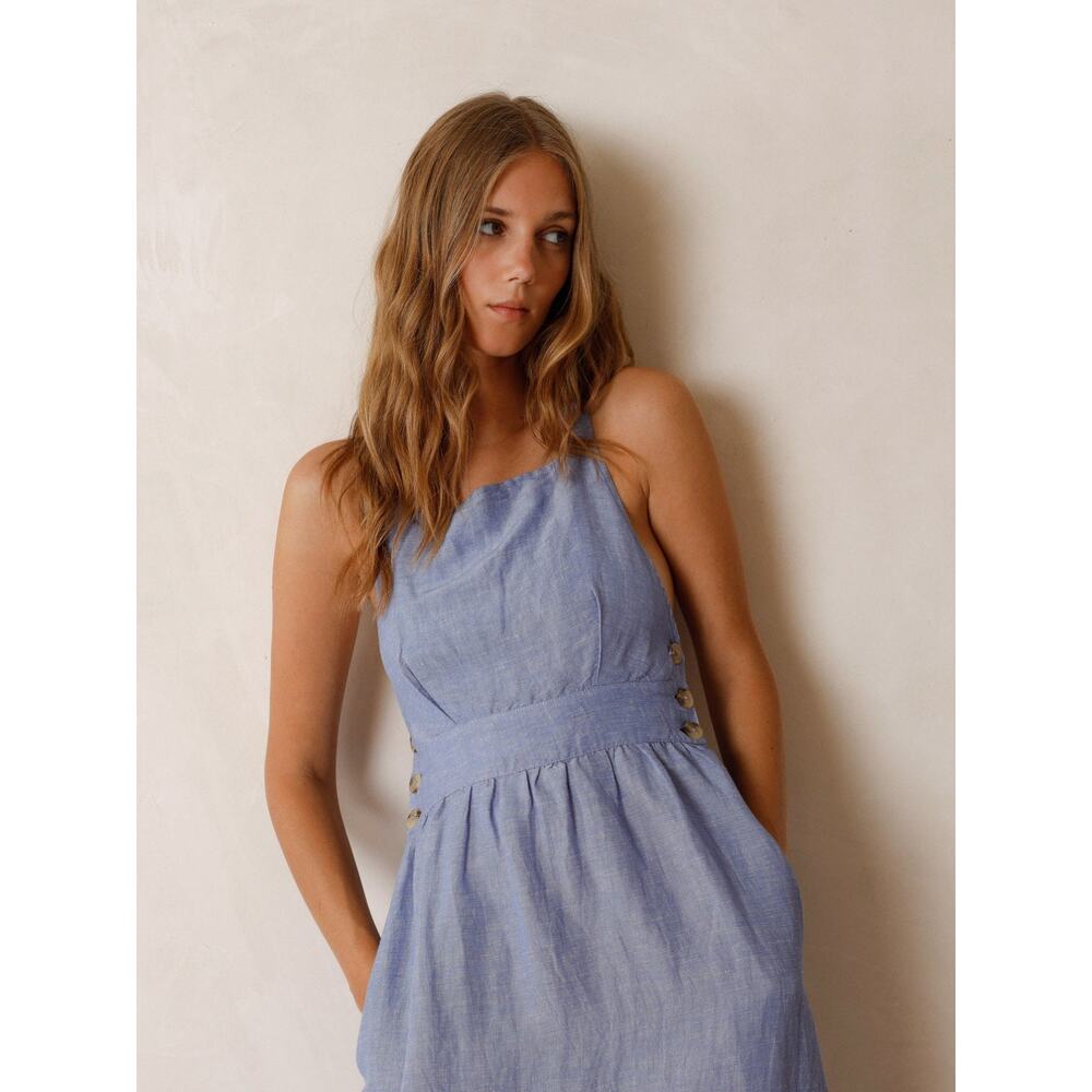 Indi & Cold Sleeveless Strappy Linen Blue Dress, Size M